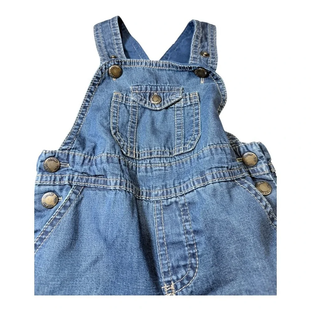 OshKosh Denim Overalls Kids 6-9M Genuine Kids Blue Lined Snap Inseam Bib Overall